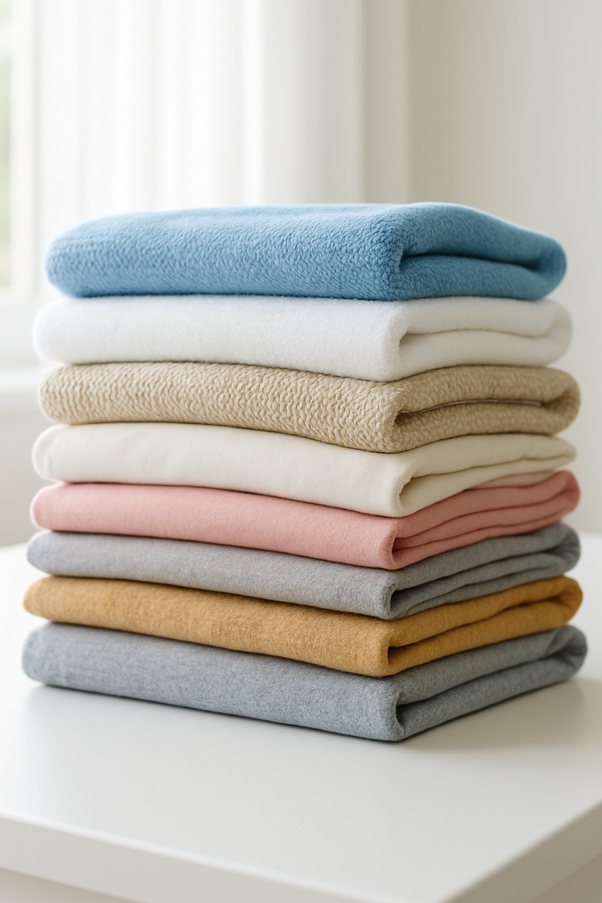 A neatly stacked arrangement of colorful, folded blankets in various shades, placed on a table, with natural light streaming in from a window.