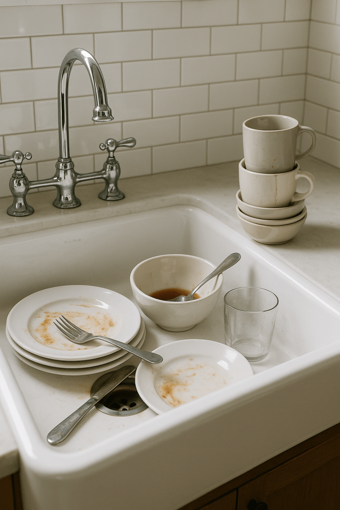 A sink filled with dirty dishes including plates, bowls, and glasses, with a faucet in the background.