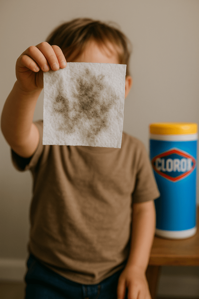 A young child holding a cleaning cloth with visible dirt and grime, posing near a container of Clorox cleaner.