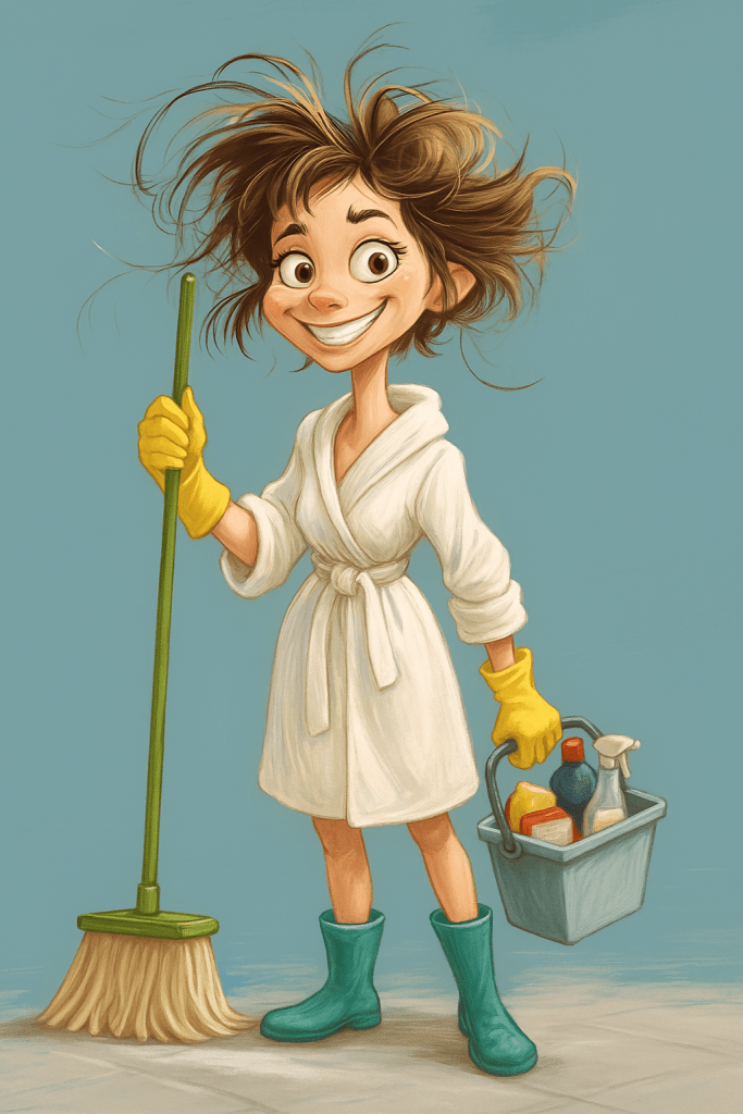 A cheerful cartoon character with messy hair wearing a bathrobe and yellow cleaning gloves, holding a mop in one hand and a cleaning bucket in the other, set against a light blue background.