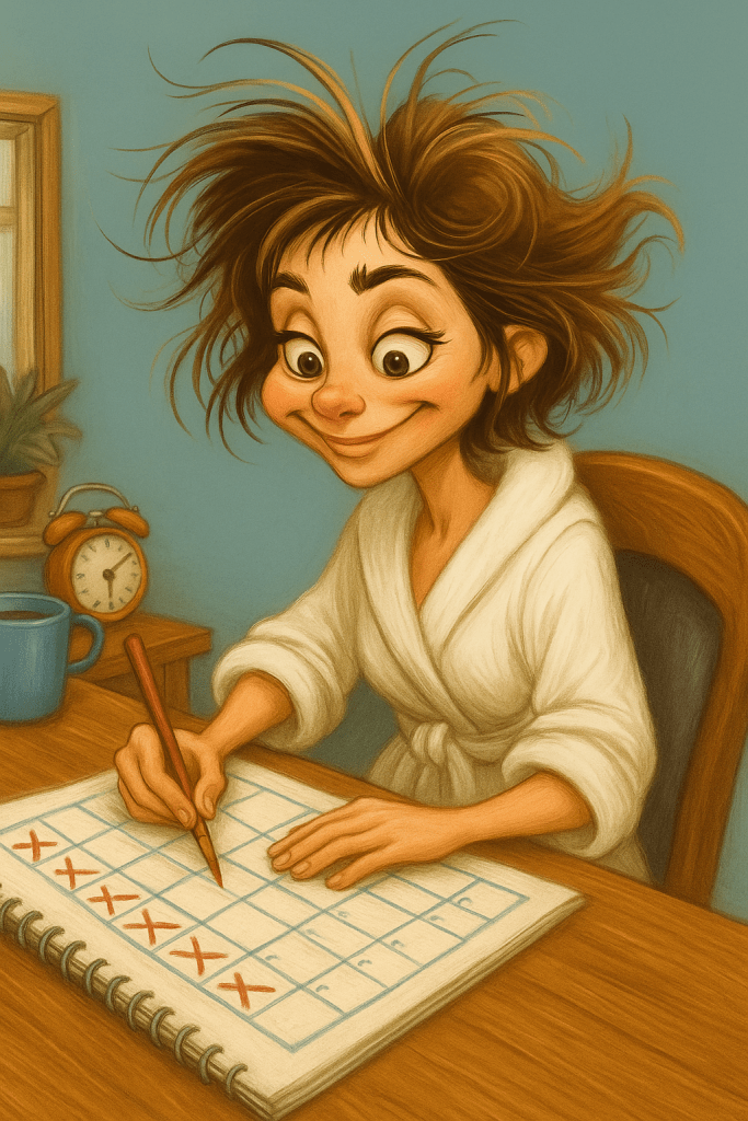 A cheerful woman in a bathrobe sitting at a table with a mug and an alarm clock, joyfully marking a calendar with a red pen.