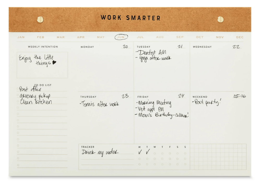 A monthly planner showing the week of June, with handwritten notes for each day, including to-do items and weekly intentions.